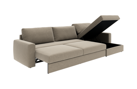 Beige sovesofa med opklappelig opbevaring i chaiselongen, frilagt på hvid baggrund.