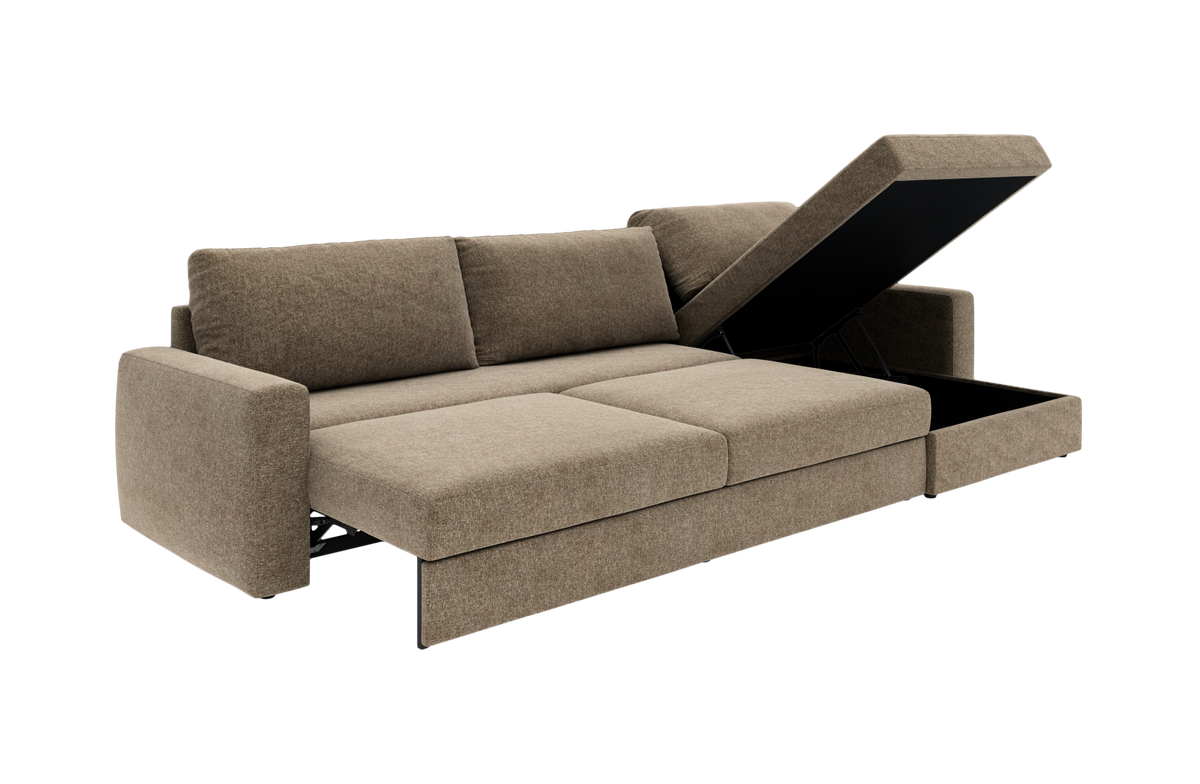 Beige sovesofa med chaiselong og åbent opbevaringsrum i chaiselongen, vist i udslået sengestilling.