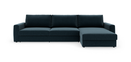 Mørk teal hjørnesofa med højrevendt chaiselong, tre ryghynder og brede armlæn i studieopsætning.