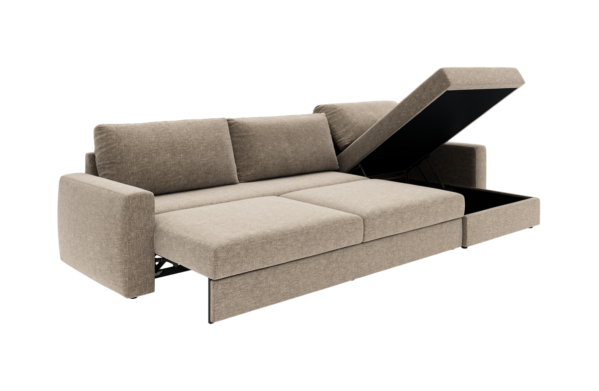 Beige hjørnesovesofa med åben chaiselong og integreret opbevaring, vist i studie i udslået position.