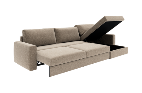 Beige hjørnesovesofa med åben chaiselong og integreret opbevaring, vist i studie i udslået position.