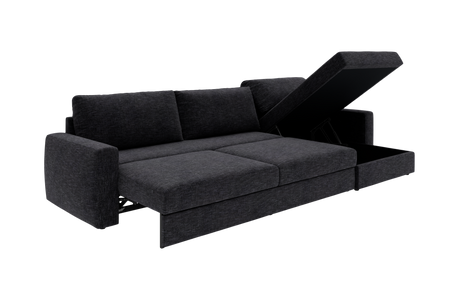 Mørkegrå sovesofa med åben chaiselong og opbevaring, set skråt forfra på hvid baggrund.