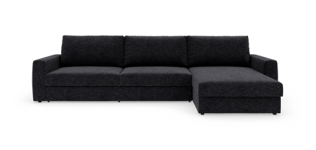 Mørkegrå hjørnesofa med chaiselong til højre, fritstående på hvid baggrund.