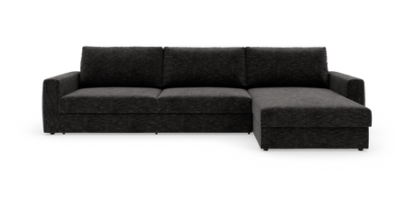Mørkegrå modulsofa med chaiselong til højre, set forfra mod hvid baggrund.