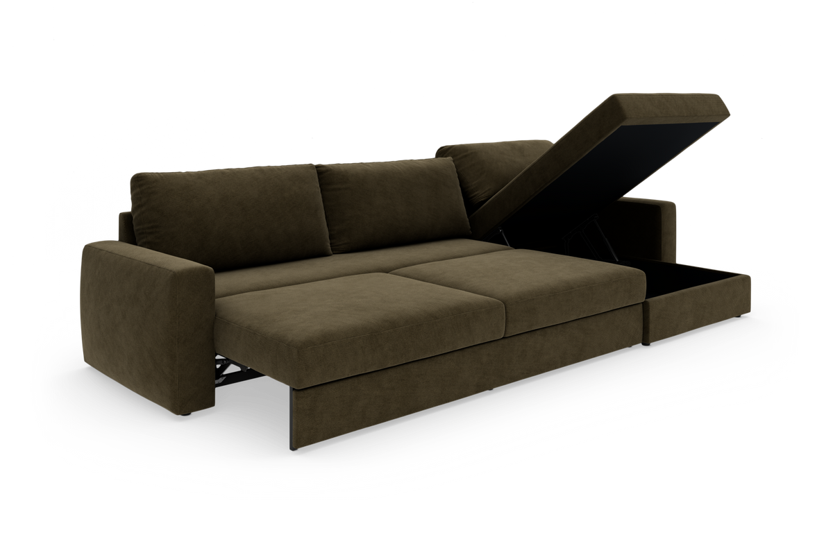 Olivengrøn sovesofa med åben chaiselong og opbevaringsrum, frilagt på hvid baggrund.