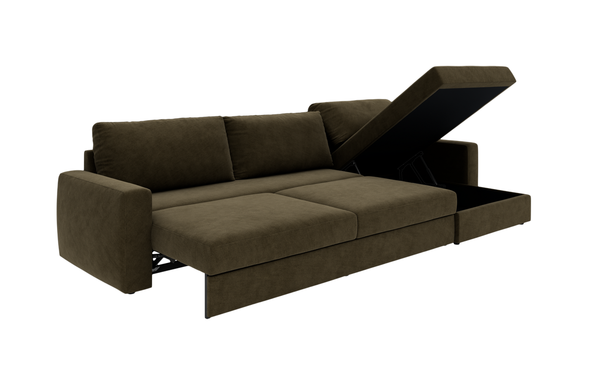Olivengrøn udslået sovesofa med chaiselong og åbent opbevaringsrum, vist skråt mod hvid baggrund.