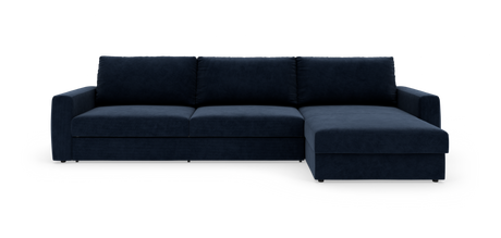 Mørkeblå sofa med chaiselong til højre i moderne, enkel stil, frilagt på hvid baggrund.