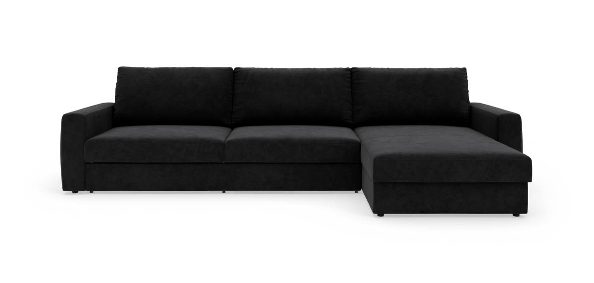 Sort hjørnesofa med chaiselong til højre, frilagt på hvid baggrund.