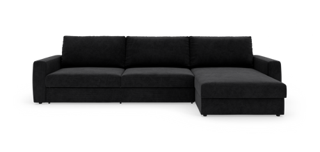Sort hjørnesofa med chaiselong til højre, frilagt på hvid baggrund.