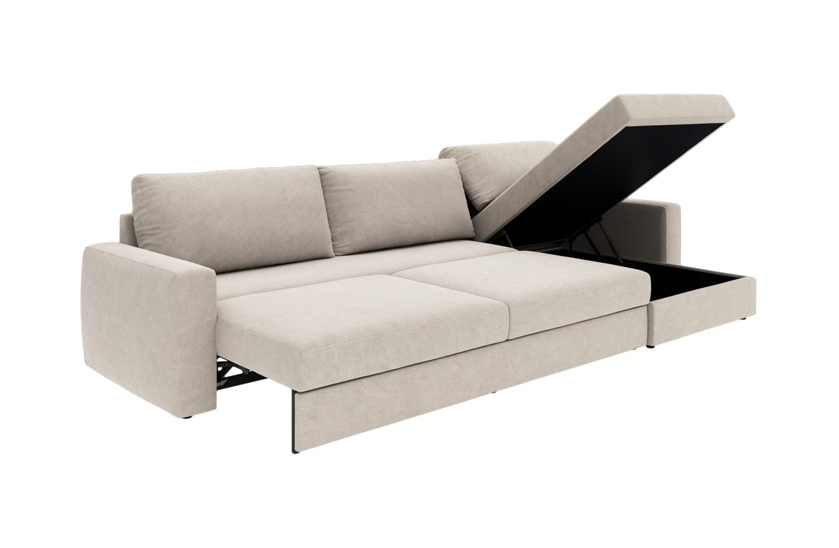 Beige sovesofa med åben chaiselong og integreret opbevaring, frilagt på hvid baggrund.