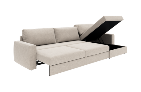 Beige sovesofa med åben chaiselong og integreret opbevaring, frilagt på hvid baggrund.
