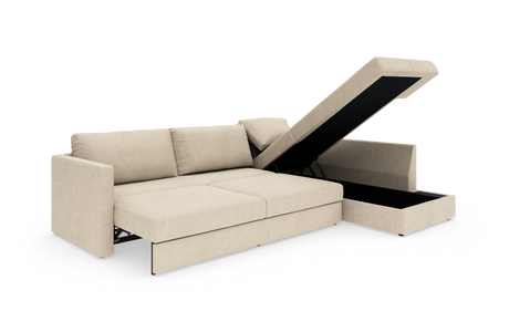 Beige hjørnesofa med løftbart chaiselong-opbevaringsrum, frilagt på hvid baggrund.