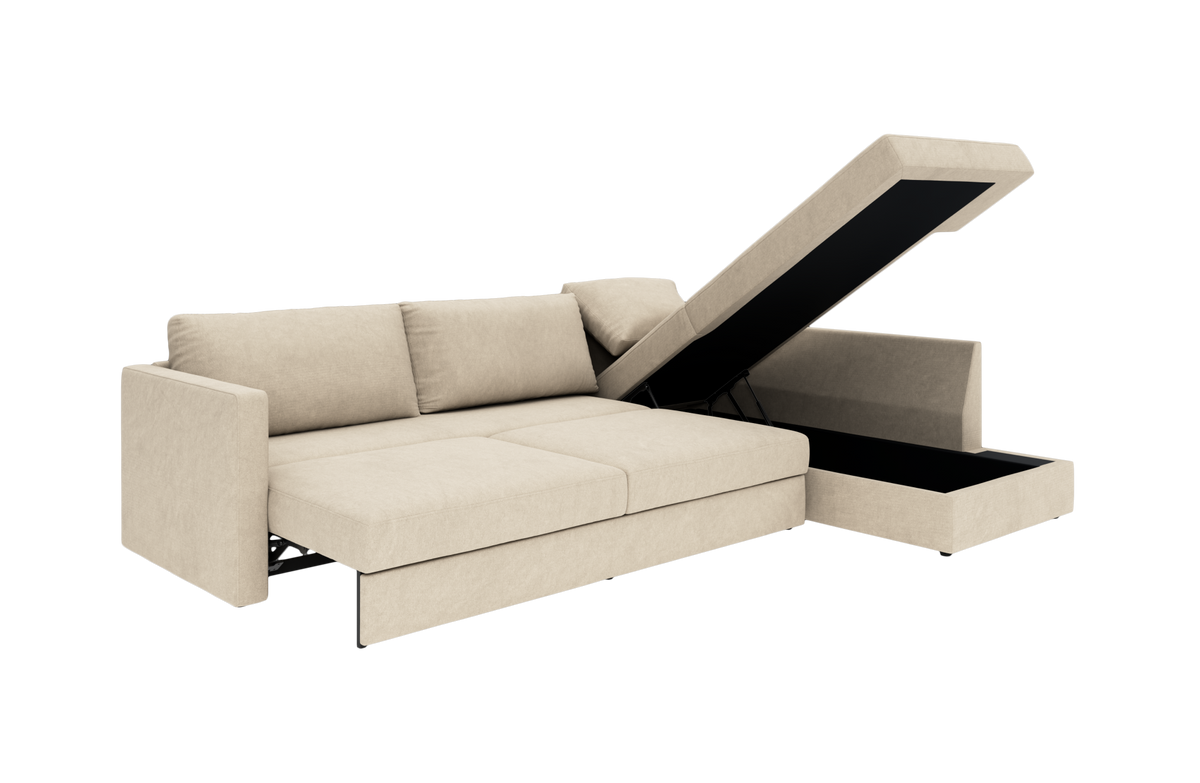 Beige hjørnesovesofa med løftet chaiselong og opbevaring, frilagt på hvid baggrund.