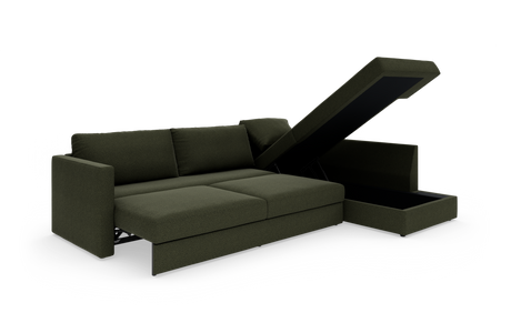 Mørkegrøn hjørnesofa med åbnebar chaiselong og opbevaringsrum, frilagt mod hvid baggrund.