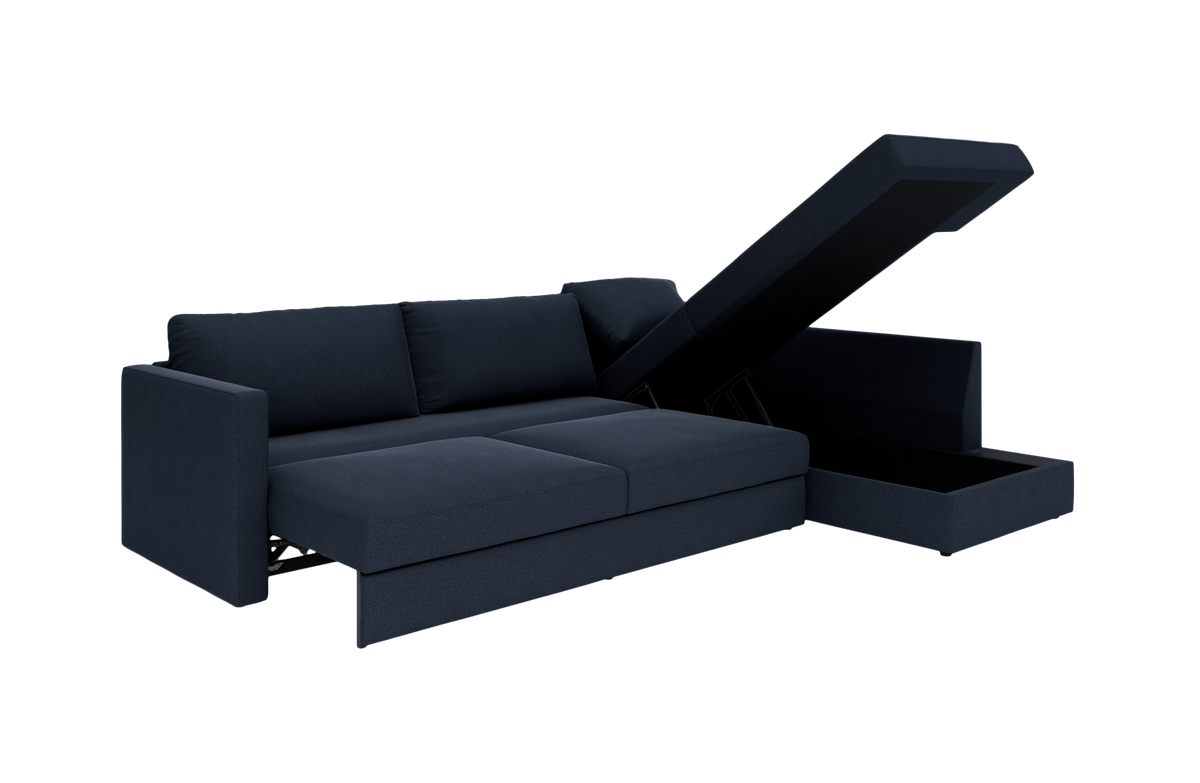 Mørkeblå hjørnesofa med chaiselong, delvist udtrukket med åben opbevaring, frilagt på hvid baggrund.