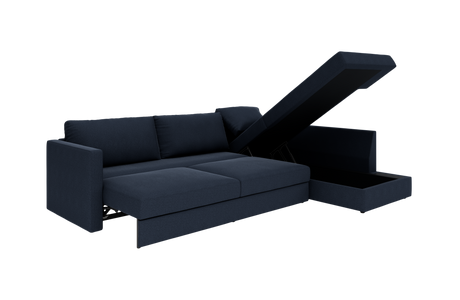 Mørkeblå hjørnesofa med chaiselong, delvist udtrukket med åben opbevaring, frilagt på hvid baggrund.