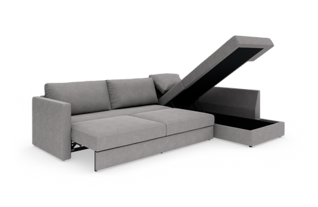 Grå hjørnesofa med chaiselong og opklappelig opbevaring, frilagt på hvid baggrund.