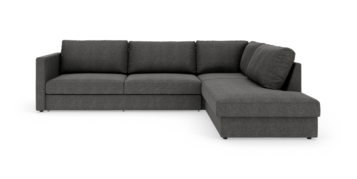 Mørkegrå hjørnesofa med chaiselong i højre side, moderne stofbetræk på hvid baggrund.