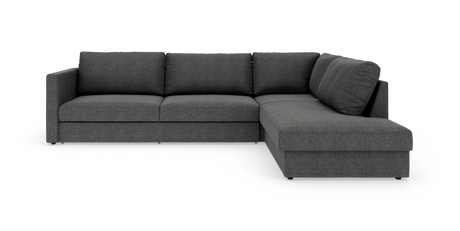 Mørkegrå hjørnesofa med chaiselong i højre side, moderne stofbetræk på hvid baggrund.