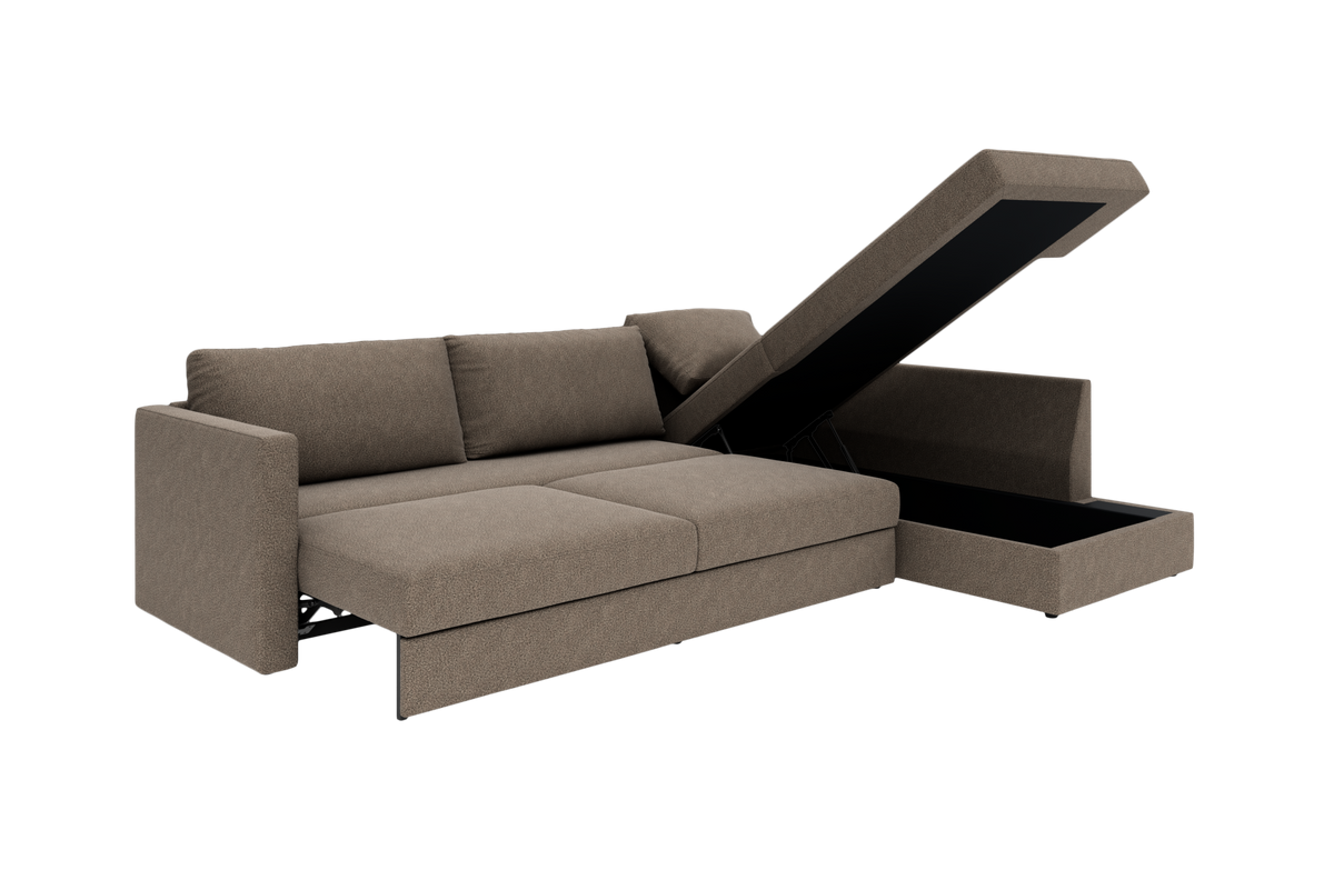 Brun sovesofa med åben chaiselong med opbevaring, vist i studie fra skrå vinkel.