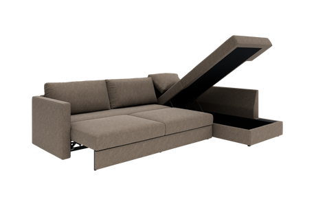 Brun sovesofa med åben chaiselong med opbevaring, vist i studie fra skrå vinkel.