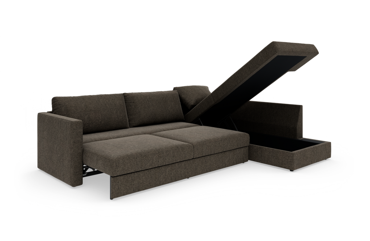 Brun sovesofa med chaiselong og opklappeligt opbevaringsrum, fritlagt produktfoto i vinkel.