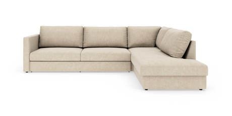 Beige L‑formet modulsofa med chaiselong til højre, tre siddepladser og rene linjer.