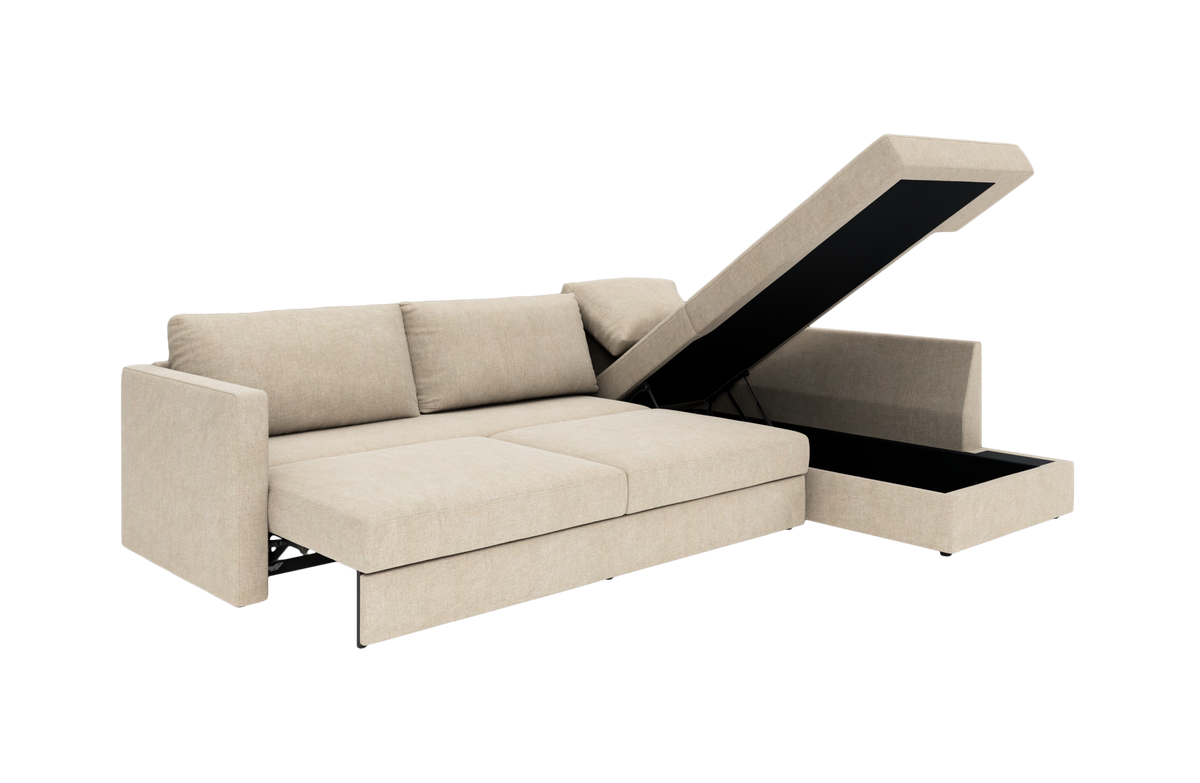 Beige modulsofa med åbningsbar chaiselong og integreret opbevaring.