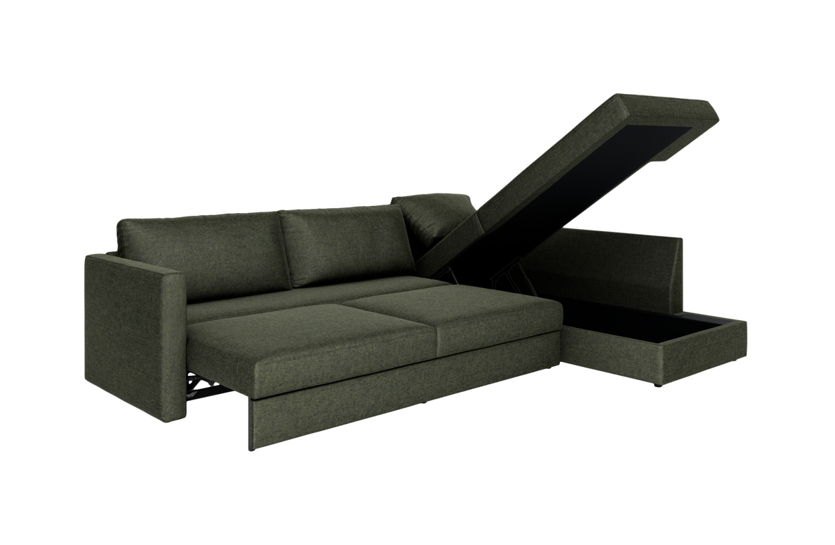 Mørkegrøn hjørnesofa med chaiselong, sovesofa-funktion og løftbart opbevaringsrum i chaiselongen, frilagt på hvid baggrund.
