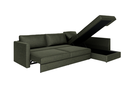 Mørkegrøn hjørnesofa med chaiselong, sovesofa-funktion og løftbart opbevaringsrum i chaiselongen, frilagt på hvid baggrund.