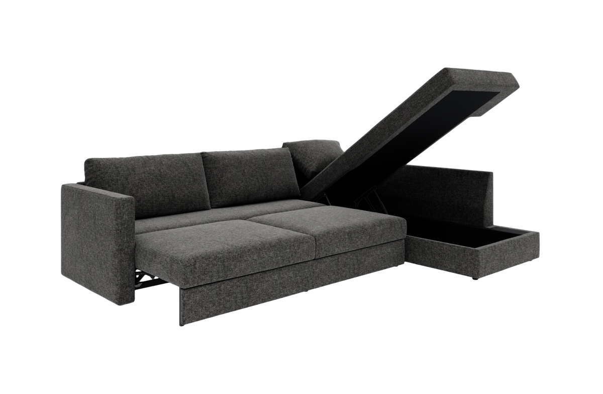 Mørkegrå sovesofa med chaiselong og opklappbart opbevaringsrum.