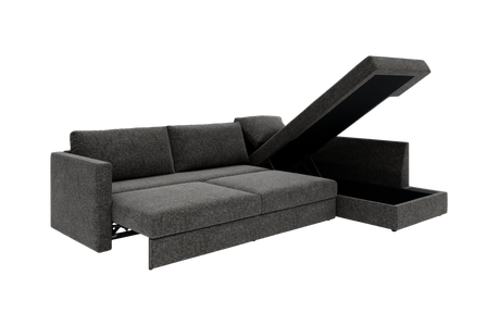 Mørkegrå sovesofa med chaiselong og opklappbart opbevaringsrum.