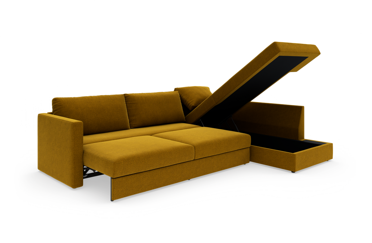 Sofa med chaiselong og opbevaring, sennepsgul polstring, vist i studie med åben opbevaringsboks.