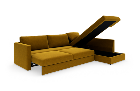 Sofa med chaiselong og opbevaring, sennepsgul polstring, vist i studie med åben opbevaringsboks.