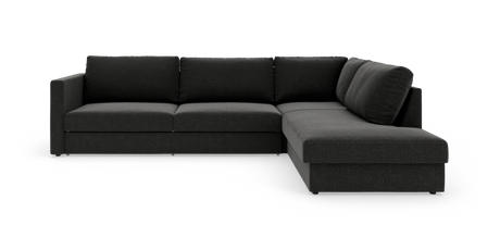 Mørkegrå L‑formet modulsofa med chaiselong til højre, fritstående på hvid baggrund.