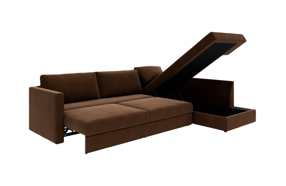 Brun sofa med løftbar chaiselong, der viser opbevaringsrum, fritlagt produktfoto i let vinkel.