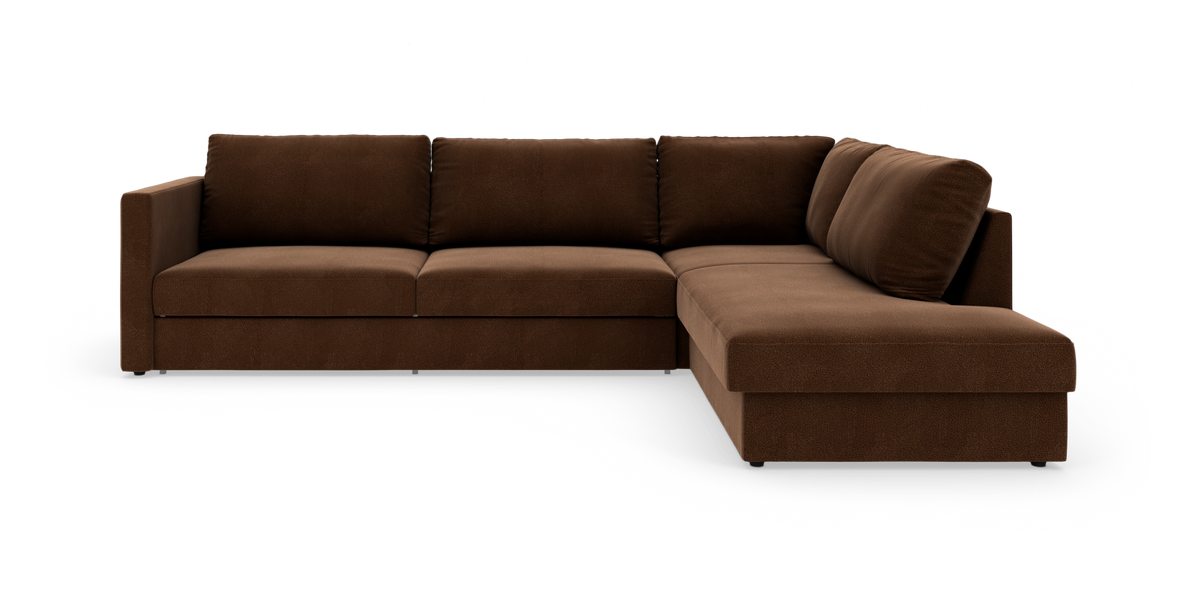 Brun L-formet modulsofa med chaiselong til højre, set forfra i studie på hvid baggrund.