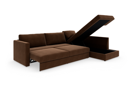 Brun sovesofa med åben chaiselong og skjult opbevaring, fritlagt på hvid baggrund.