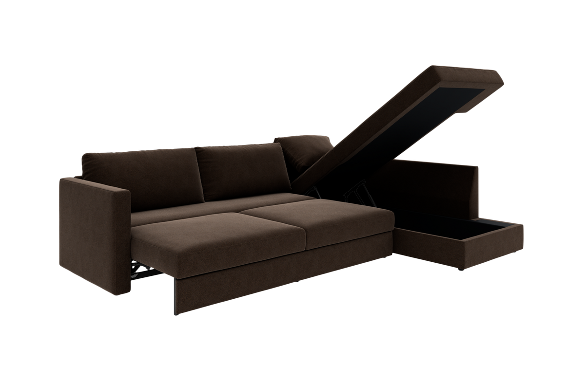 Brun sovesofa med åben opbevaringschaiselong i højre side, frilagt på hvid baggrund.