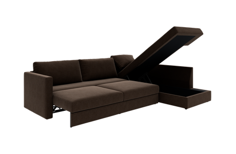 Brun sovesofa med åben opbevaringschaiselong i højre side, frilagt på hvid baggrund.