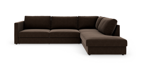 Mørkebrun L‑formet modulsofa med chaiselong til højre, fritstående mod hvid baggrund.