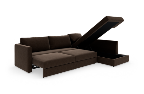 Brun sovesofa med åben chaiselong-opbevaring, frilagt i studie.