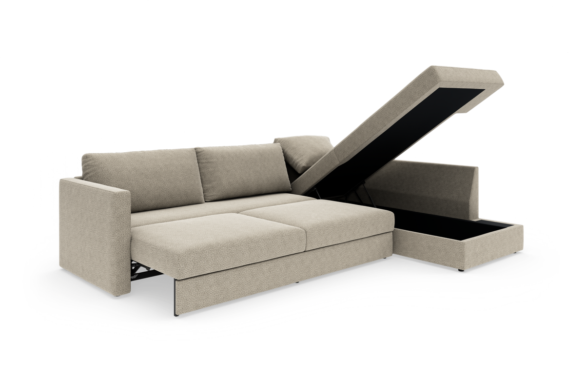 Beige hjørnesofa med liftbar chaiselong og integreret opbevaringsrum, fotograferet i studie.