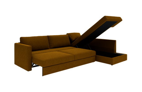 Brun sovesofa med åben chaiselong og integreret opbevaring, fritlagt.