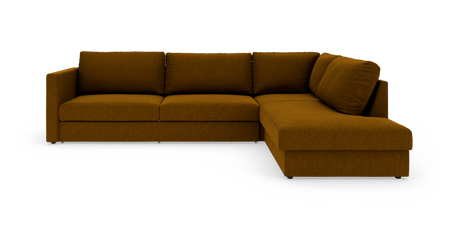Brun hjørnesofa med chaiselong til højre på hvid baggrund.