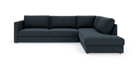 Mørkeblå L‑formet hjørnesofa med højrevendt chaiselong, fritlagt på hvid baggrund.
