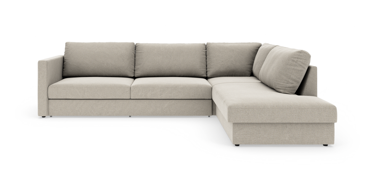Beige L-formet modulsofa med chaiselong til højre, fritlagt på hvid baggrund.