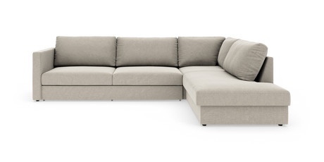 Beige L-formet modulsofa med chaiselong til højre, fritlagt på hvid baggrund.