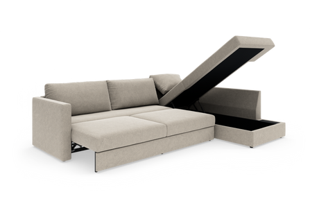 Beige modulsofa med chaiselong og opklappelig opbevaring, isoleret på hvid baggrund.