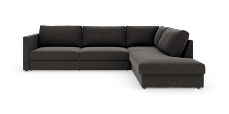 Mørkegrå L‑sofa med chaiselong til højre, tre sæder og rene, moderne linjer på hvid baggrund.